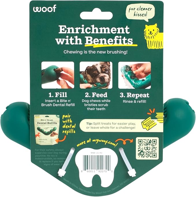 WOOF The Bite n' Brush - Dog Toothbrush Toy - Scrub Plaque and Tartar from Your Dog's Teeth and Mouth - Dog Dental Chew Toy - Large