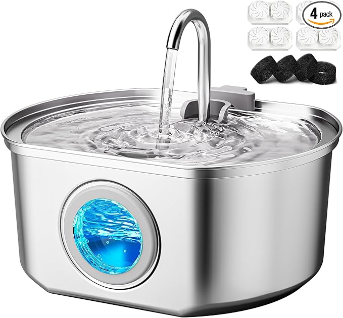 Cat Water Fountain Stainless Steel: 109oz/3.2L Cat Fountain for Drinking - Pet Water Fountain Inside - Automatic Dog Watering Dispenser Bowl - Pet Feeding & Watering Supplies - Water Level Window