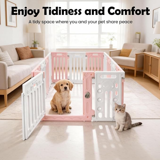 Dog Playpen, Large Pet Playpen with Cute Patterns & 1 Door & 11 Freely Combinable Panels Dog Fence Large Crate for Pets Pet Safety Fence Pet Essentials for Small/Medium Dogs (Pink & White)