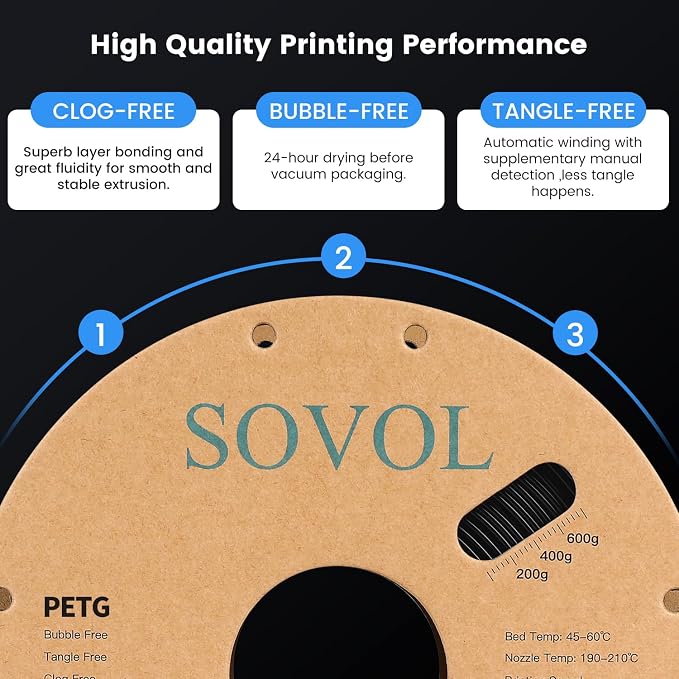 Sovol 3D Printer PETG Filament 2kg (4.4 lbs) Spool Printing Materials, Wiring Tightness, Dimensional Accuracy +/- 0.03 mm, 1.75 mm, Black + White