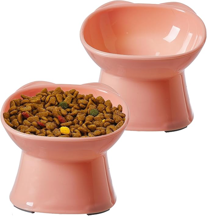 KSIA Klear Elevated Cat Bowls 2 Pack, Tilted Raised Cat Bowl for Food and Water, 4.72" Wide, Whisker Friendly Anti Vomit for Indoor Cats, Microwave and Dishwasher Safe, Pink