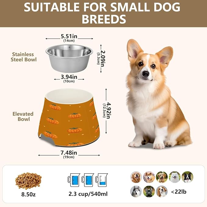 Blueangle Elevated Dog Bowls with Stainless Steel - Non-Slip 2.3 Cup High Capacity Pet Dish for Spinal Health & Pumpkins and Wreaths Design（114）