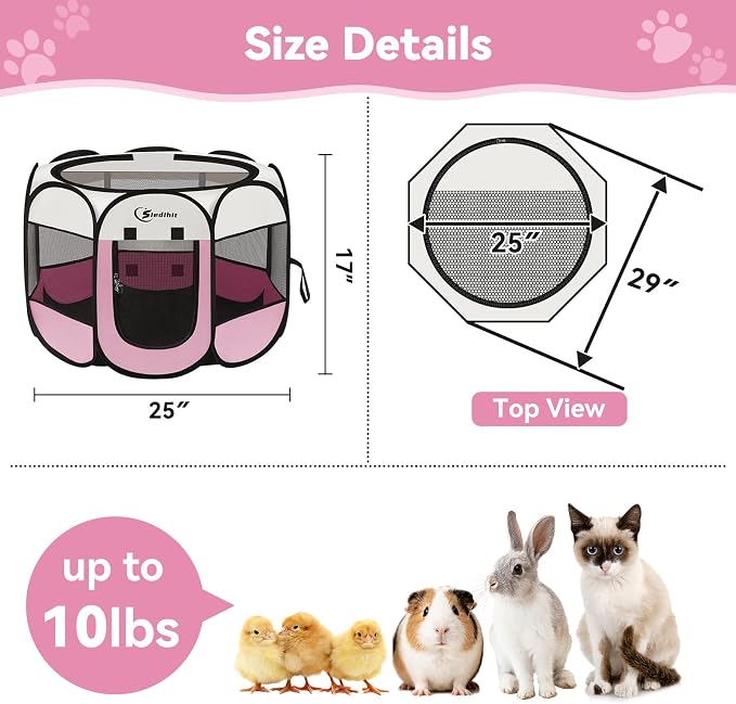 Siedihit Pink Dog Cat Playpen, Puppy Pet Playpen Indoor for Small Dog Crate Tent Cage Outdoor, Portable Pop Up Dogs Enclosure Kennel with Carrying Case for Dogs/Cats/Rabbits