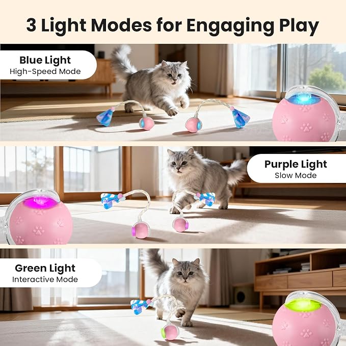 Rocfish Durable Interactive Cat Toys for Indoor Cats (Pink, 03) | Smart Automatic Cat Chase Ball Toy, Upgraded Speedy Tail Kitten Toy for Bored Indoor Adult Pets