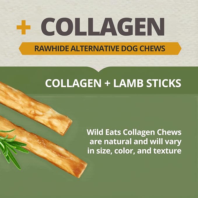Wild Eats Lamb Collagen Sticks for Dogs (25 Pack, 0.6 cm Wide) Long Lasting Dog Chews No Hide Dog Treat Bully Stick Alternative, Rawhide Free, Grain Free, High Protein