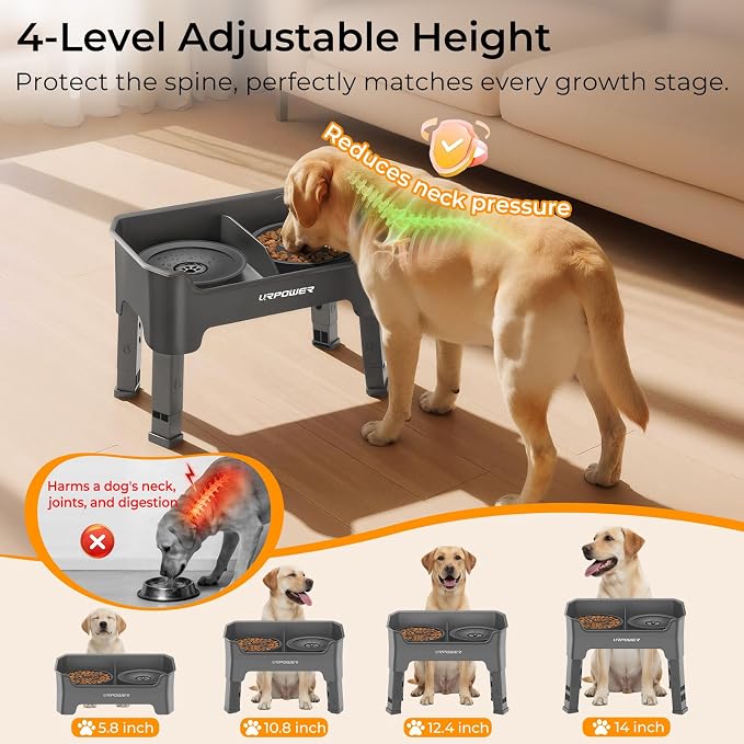 URPOWER Mess Proof Elevated Dog Bowls 4 Height Adjustable Raised Stand with No Spill Water Bowl and Slow Feeder Dog Bowls Non-Slip Food and Water Bowl Set for Small, Medium & Large Dogs