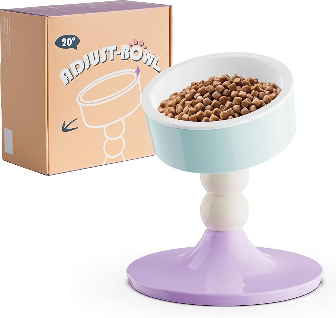 Ceramic Elevated Raised Cat Bowls,3 Heights Adjustable Raised Dog Bowl Stand for Indoor Cats and Small Dogs,15° Tilted Cat Food Feeding Dishes，Adjusts to 4.69", 5.98", 7.28" (Pink & White)