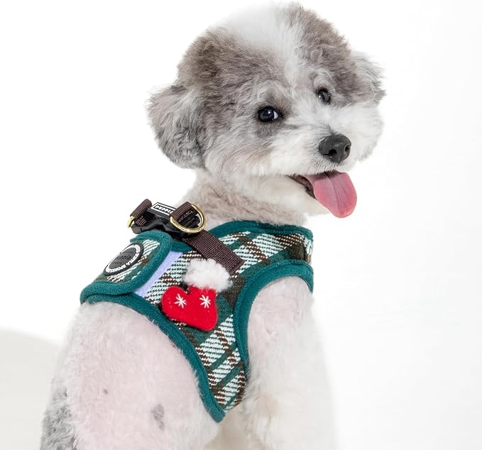 Puppia Festive Vest Dog Harness Step-in Warm Winter Checkered Pattern for Small and Medium Dog, Green, X-Large
