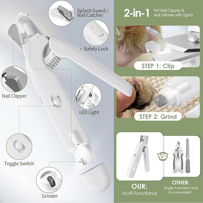 2-in-1 Cat & Dog Nail Clippers & Grinder with 2 LED Lights, White