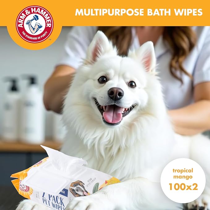 Arm and Hammer for Pets Heavy Duty Multipurpose Dog Bath Wipes, Mango Scent - All Purpose Wipes Remove Odor and Refresh Your Dog’s Skin Between Baths, 100 Count - 2 Pack