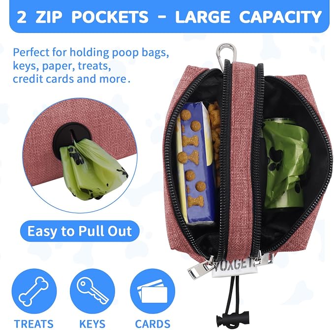 Dog Poop Bag Holder for Leashes, Dog Waste Bag Dispenser with 2 Zipper Pockets and Clip for Pets Doggy Training, Puppy Treat Pouch Carrier with 1 Roll Poop Bags for Walking Accessories (Red)