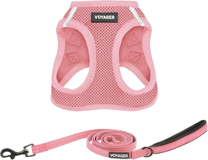 Best Pet Supplies Voyager Step-in Air All Weather Mesh Harness and Reflective Dog 5ft Leash Combo with Neoprene Handle, for Small, Medium and Large Breed Puppies - Pink, Large