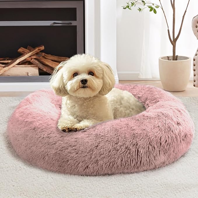 JOLLYVOGUE 27" Calming Donut Dog & Cat Bed, Dark Pink