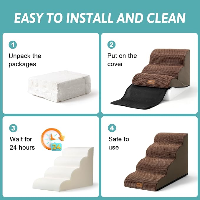 COZY KISS Wide Dog Stairs for Small Dog 19.7" H, 4 Step Pet Ramp for Bed | Curved Stable Dog Step for Puppy, Older Cat, Senior, Medium, Short-Legged Dog, Non-Slip Ladder, 17.7 inch Width, Brown