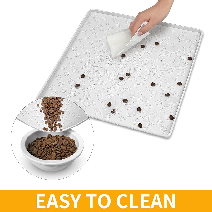 Ptlom Pet Placemat for Dog and Cat, Waterproof Silicone Pet Feeding Bowl Mats for Food and Water, Small Medium Large Dogs Mat Prevent Residues from Spilling to Floor, White, 11.8"x11.8"