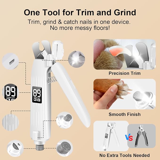 2-in-1 Dog Nail Clippers with Light & Grinder, USB Rechargeable