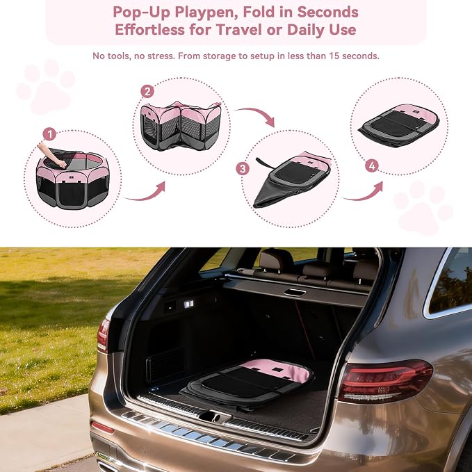 Dog Playpen for Small Dogs & Puppies, 40.55" Portable Indoor Outdoor Puppy Playpen with Bowl, Waterproof Floor, Foldable Pop-Up Pet Pen for Home, Travel & Daily Use, Pink+Grey