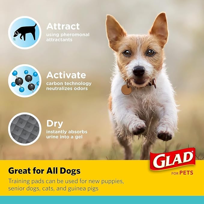 Glad for Pets Black Charcoal Puppy Pads, 120 Count, 17.5 x 23.5 Inch, Charcoal Odor Neutralizing, Super Absorbent, Leak-Resistant Edges, Pheromone Attractant, Disposable - 2 Pack