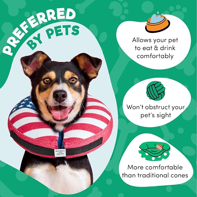 BENCMATE Inflatable Dog Cone Collar Alternative After Surgery Medium+,Flag | Soft Dog Cone for Small Medium Large Dogs and Cats, Doggie Neck Donut Recovery ECollar to Stop Licking Pets from Injury