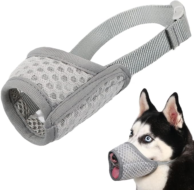Dog Muzzle, Puppy Soft Mesh Muzzles for Grooming Biting Chewing | Breathable Muzzle for Medium Large Dogs Beagle, Husky, For Vet Visits, Nail Trimming, Allows Panting Drinking | Grey, L
