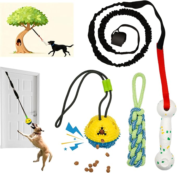 Dog Door Bungee Tug Toy, 4 Pieces, Small Medium Dogs 20 to 50lbs | 5ft Bungee Rope, Indoor & Outdoor Hanging, Tree Tether Rope for Yard, Spring Pole, Interactive, Tug of War, Ball