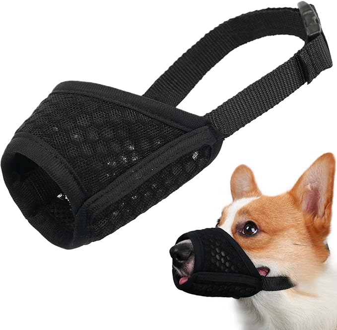Dog Muzzle, Puppy Soft Mesh Muzzles for Grooming Biting Chewing | Breathable Muzzle for Small Medium Dogs Corgis, Poodles, For Vet Visits, Nail Trimming, Allows Panting Drinking | Black, S