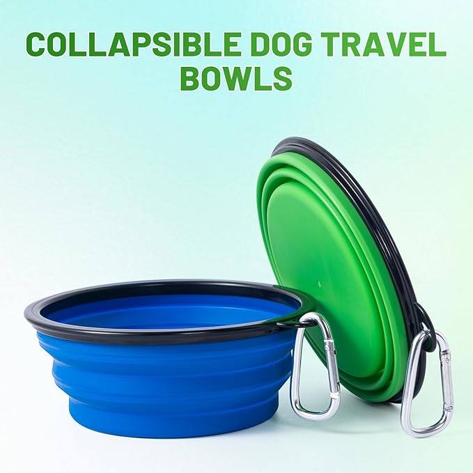 Dog Bowl Collapsible, 2 Pack, with Carabiners, Medium, Blue+Green