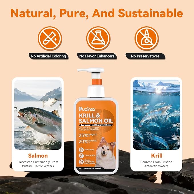 PUAINTA Omega 3 Fish Oil for Dogs & Cats, Salmon & Krill Oil with EPA DHA