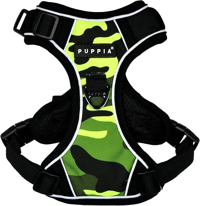 Puppia Battle Dog Harness H Sturdy Adjustable Neck and Chest Reflective Camouflage Pattern Front and Back D-Ring for Small and Medium Dogs, Green, Medium