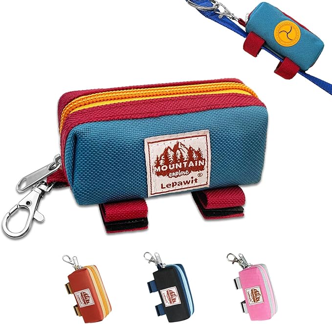 Dog Poop Bag Holder for Leash, Zippered Canvas Poop Bag Dispenser Pouch with Velcro Straps & Metal Carabiner Clip, Holds Keys & Treats for Daily Dog Walking