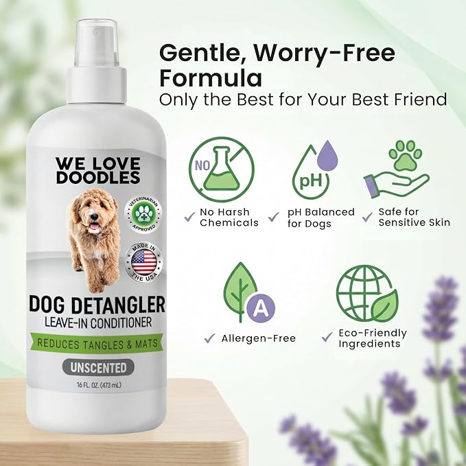 Dog Detangler Spray, Leave-in Conditioner Spray for Dogs, Unscented, 16 oz | Best Detangling & Dematting Spray for Dogs, Tangled & Matted Hair Remover for Goldendoodles, Doodles & Poodles, Made in USA