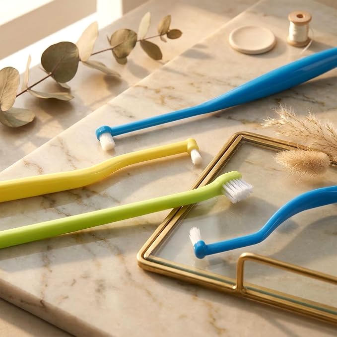 ElevateTech 4pcs Small Dog Toothbrush, Cat & Puppy Tooth Brushing Kit | Mini Tuft Horizontal Head Teeth Brush Deep Dental Teeth Cleaning Dog Tooth Brushing kit for Kitten Tiny Pet Blue Yellow