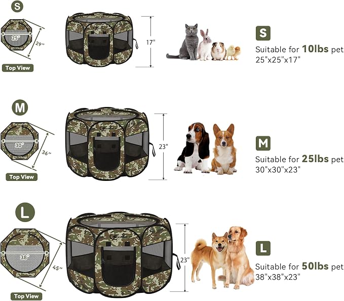Siedihit Dog Cat Playpen, Medium Puppy Pet Playpen, Dog Crate Tent Cage Indoor/Outdoor, Portable Pop Up Dogs Kennel Playpen with Carrying Case for Dogs/Cats/Rabbits(Green Camo, Medium)