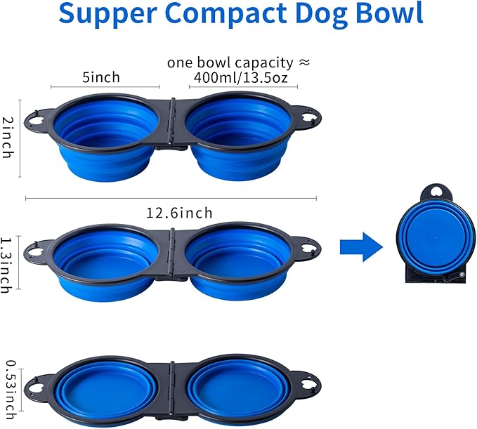 SLSON Collapsible Dog Dual Bowls with Lock Clips, Blue