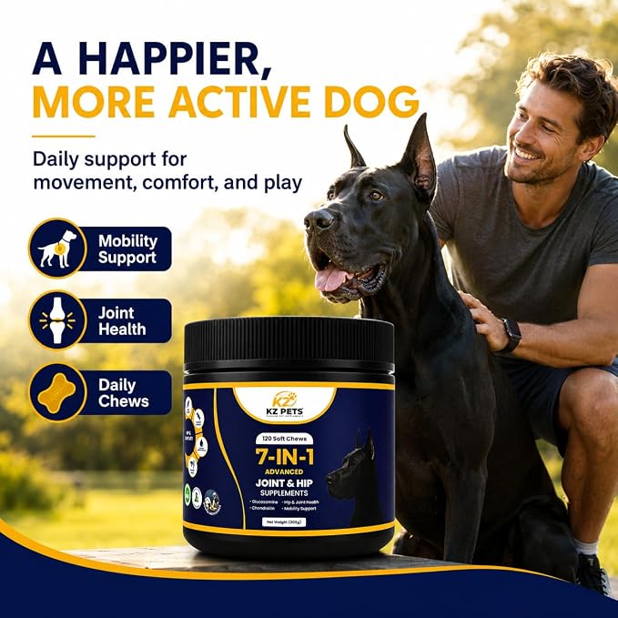 7-in-1 Dog Hip & Joint Supplement with Glucosamine, Chondroitin, MSM, Turmeric, Omega-3, Green Lipped Mussel, 120 Soft Chews