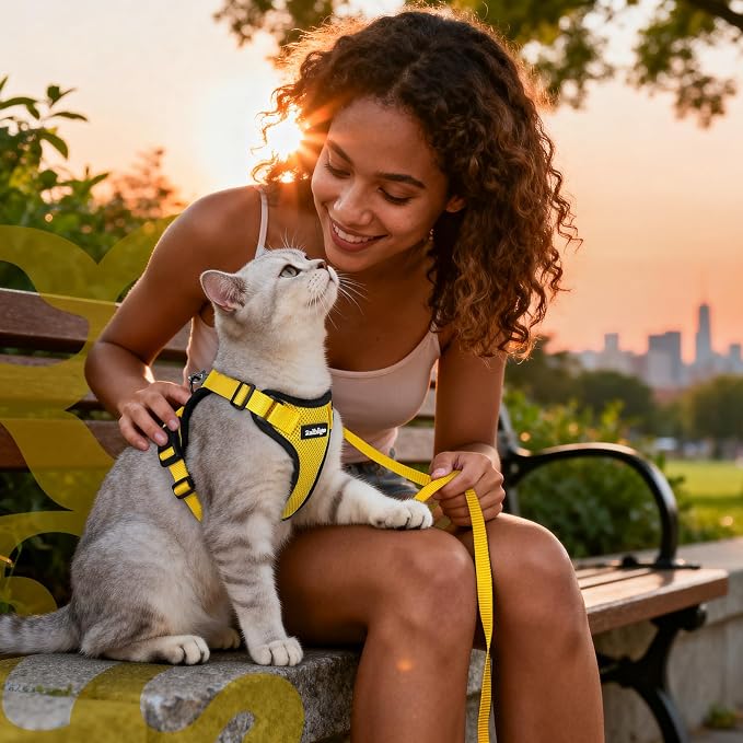 rabbitgoo Cat Harness and Leash Set, Escape Proof Vest, Yellow | Soft Breathable Mesh, Easy Adjustable Fit, Snap Buckles, Sturdy Clip, Reflective Strips, for Average Cats Walks, S