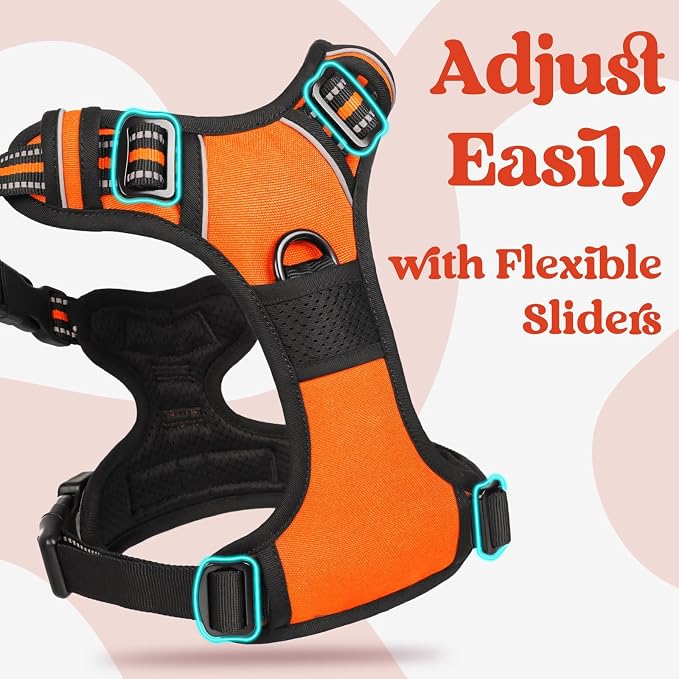 rabbitgoo Dog Harness Medium Sized, Updated Easy On & Off with 3 Buckles | No Pull No Choke, Walking with 2 Clips and Handle, Adjustable Soft Reflective, Orange, Medium