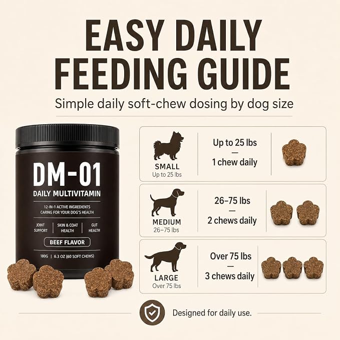 DM-01 Daily Multivitamin Itch Relief for Dogs, 12-in-1 Soft Chews with Glucosamine, MSM, Probiotics, Salmon Oil & Vitamins, Joint & Gut Support, Every Dog is Family, Loved by Humans, Beef, 60 Count