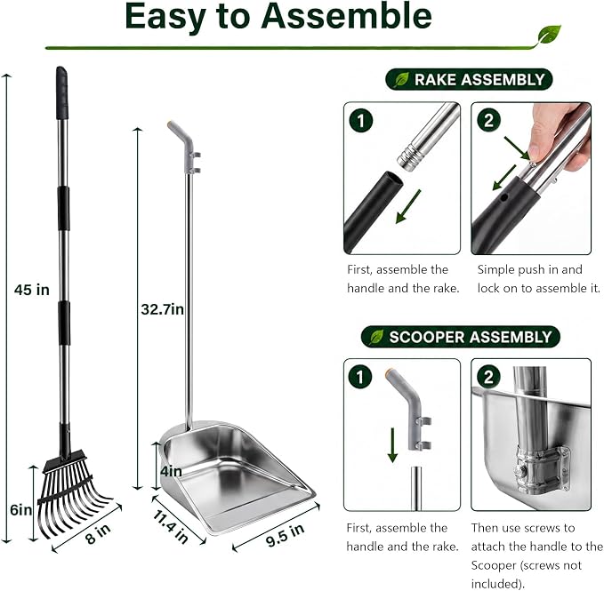 Dog Pooper Scooper for Large Dogs with Heavy Duty Stainless Steel Large Capacity Tray and 45" Carbon Steel Long Handle Rake, Rust-Proof Poop Scoop Set for Grass, Concrete and Gravel