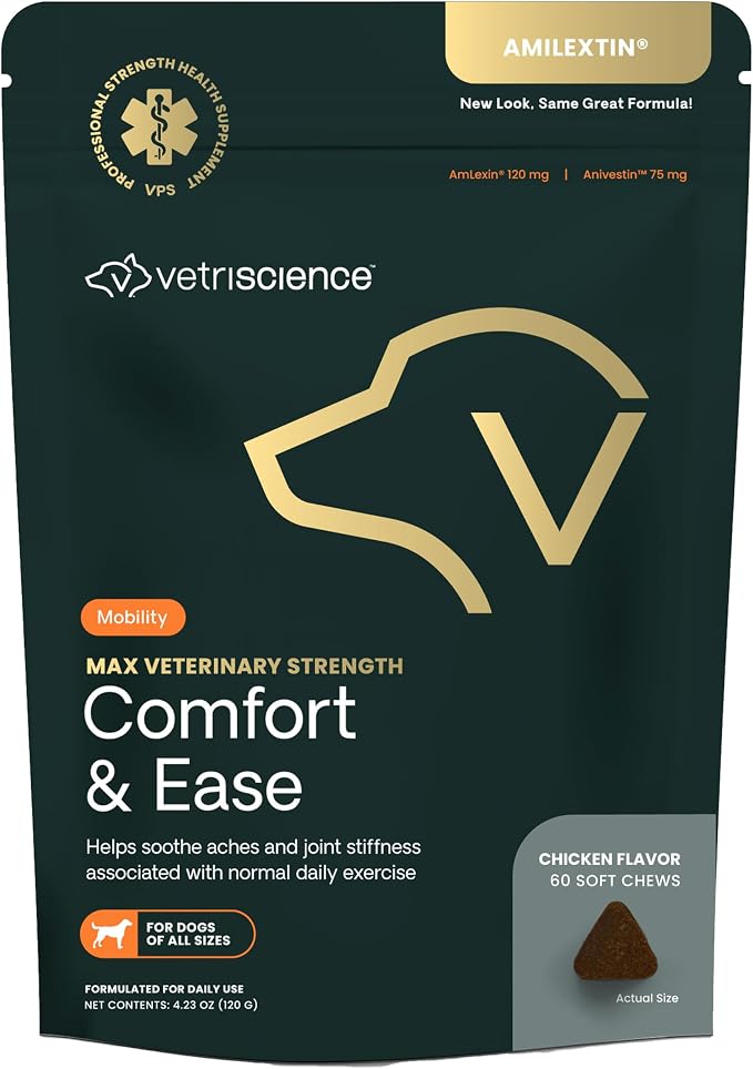 VETRISCIENCE Max Veterinary Strength Comfort & Ease Chews - Dog Comfort & Mobility Supplement for Canine Joint Relief - Clinically Proven Ingredients - Chicken Flavor - 60 Count