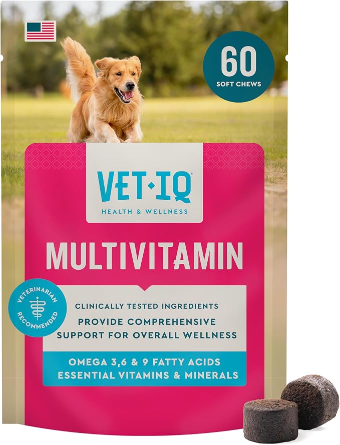 VetIQ Multivitamin for Dogs, Dog Supplement Supports Active Brain Function, Immune System, and Digestive System, Hickory Smoke Flavored Dog Multivitamin, Made in the USA, 60 Count