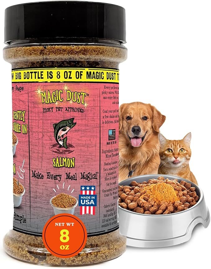 Magic Dust Salmon Jerky Topper, Single Protein Pet Food Topper for Dogs & Cats, Enhance Flavor & Elevate Mealtime Excitement for Picky Eaters - 8 Ounce Bottle in Salmon Flavor