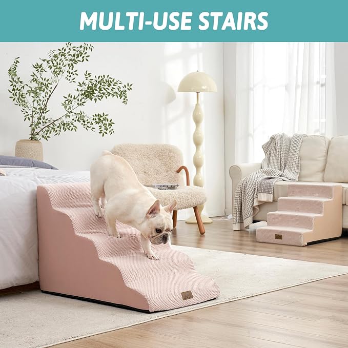 COZY KISS Extra Wide Dog Stair for Small Dog, 5 Step Pet Ramp for Bed | Curved Stable Dog Step for Puppy, Older Cat, Senior, Medium, Short-Legged Dog, Non-Slip Ladder for High Bed, 22.4" H, Pink