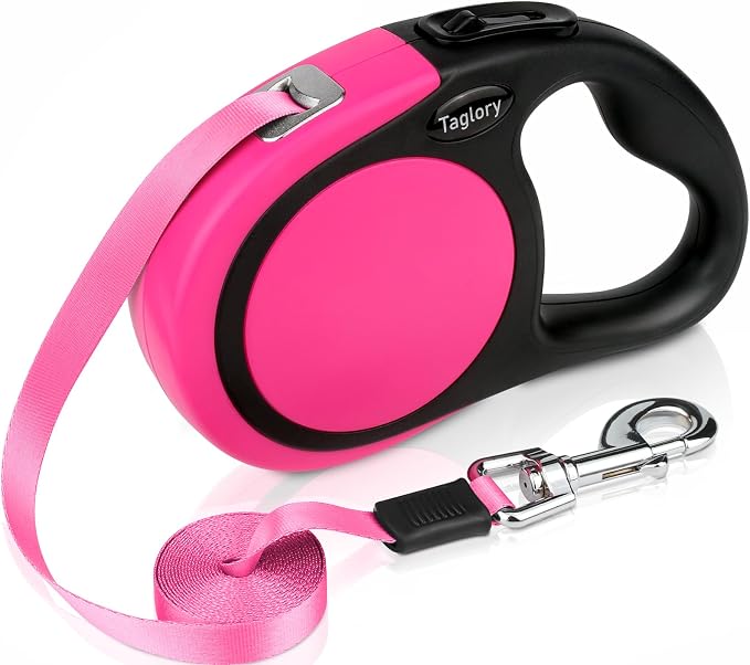 Taglory Retractable Dog Leash, One-Handed Brake, 16ft, Up to 44 lbs, Pink | More Freedom While Staying in Control, Smooth Retraction, Tangle-Free Design, Easy-Grip Handle, Daily Neighborhood Walks