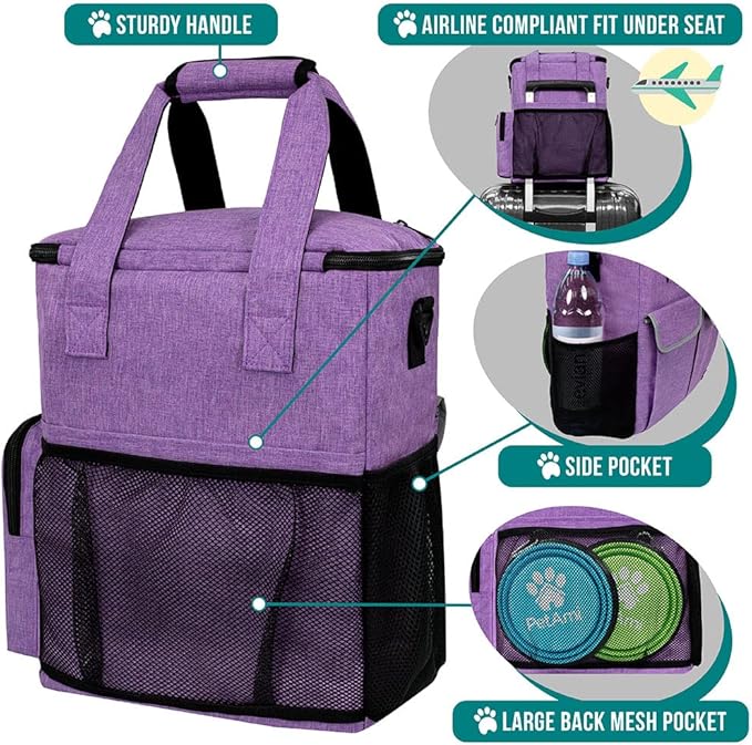 PetAmi Dog Travel Bag Organizer with Food Containers & Bowls, Purple
