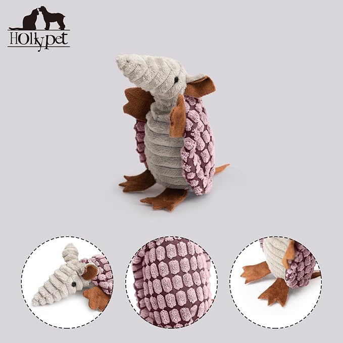 Hollypet Armadillo Squeaky Puppy Dog Toys for Small Medium Dogs, 6" | plush stuffed small dog squeak animal toy with unique grunt squeaker textured fabric for teeth cleaning toys