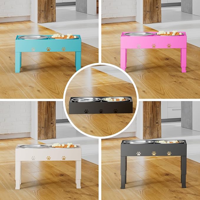LAKIPETN Elevated Dog Bowls with Mat, Raised Dog Food Bowl Stand with 2 Stainless Steel Bowls, 5 Height Adjustable (3.1", 9", 10", 11", 12") Non-Slip Feeder Set for Medium and Large Dogs – Pink