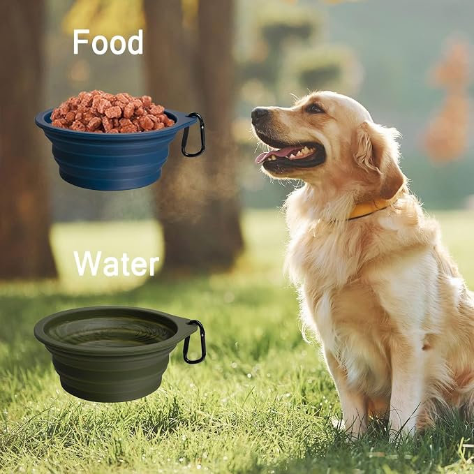 PetBonus Large Collapsible Dog Bowls, 2 Pack, 34oz, Army Green, Navy Blue