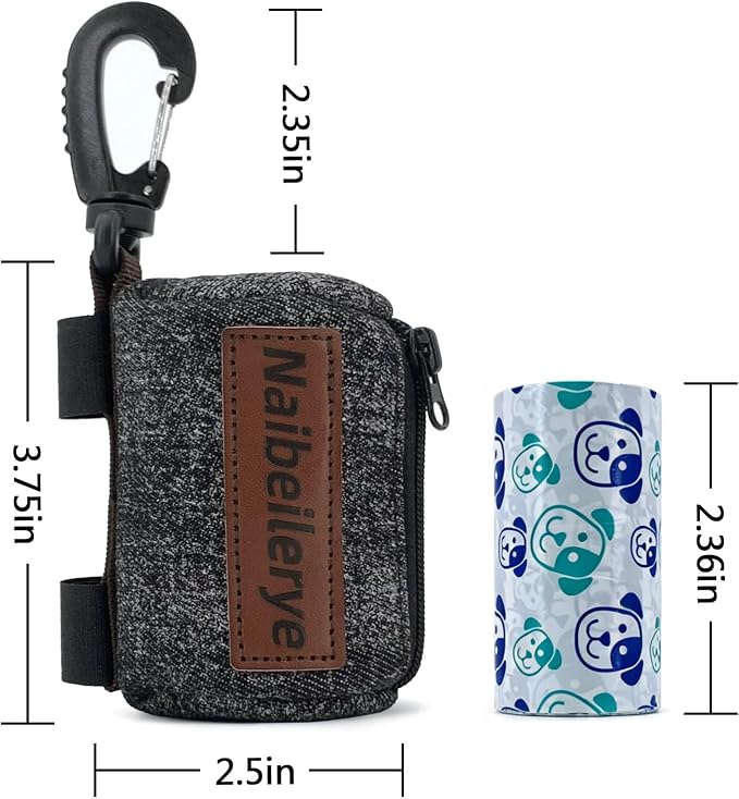 Dog Poop Bag Dispenser for Leash, Corduroy Pet Waste Bag Holder with Clip, Portable Cute Embroidered Poop Bag Carrier with Zipper, Fits Standard Size Poop Bag Rolls (Dark denim)