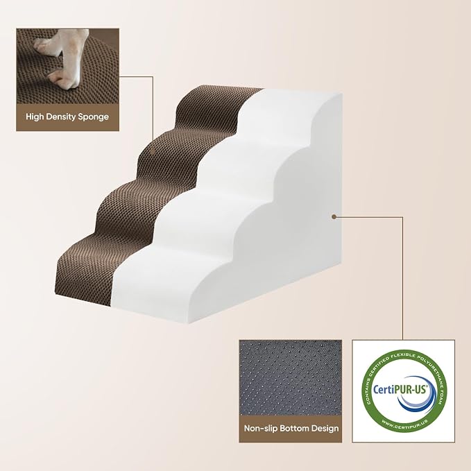PAWSCRAT Pet Stairs for Dogs 3-Step, 15.7" H Pet Stairs for High Bed, Couch Sofa & Chair, 30D Material Soft Foam Dog Steps with Non-Slip Bottom Surface Removable Washable Cover, Brown